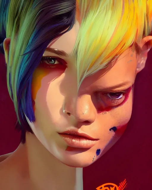 Image similar to half - lizard woman with cute - fine - face, pretty face, oil slick hair, realistic shaded perfect face, extremely fine details, by realistic shaded lighting, dynamic background, poster by ilya kuvshinov katsuhiro otomo, magali villeneuve, artgerm, jeremy lipkin and michael garmash and rob rey, and silvain sarrailh