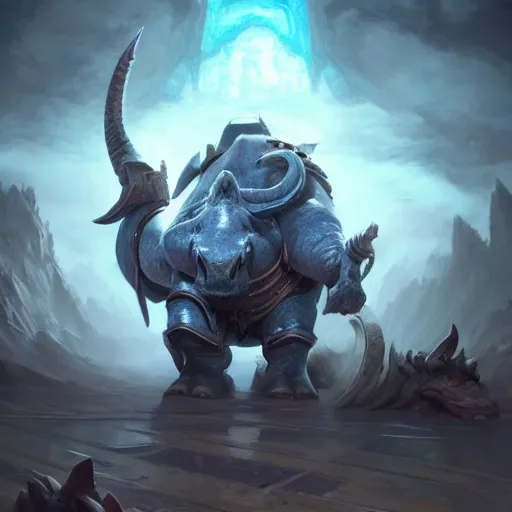 Prompt: an anthropomorphic blue Rhinoceros wearing plate paladin armor, forward facing angle, concept art, character design, stunning 3d render , art by Tooth Wu and justin gerard and Blizzard studios, dim volumetric lighting, 8k octane beautifully detailed render, post-processing, extremely hyperdetailed, intricate complexity, epic composition, grim yet sparkling atmosphere, masterpiece, trending on artstation