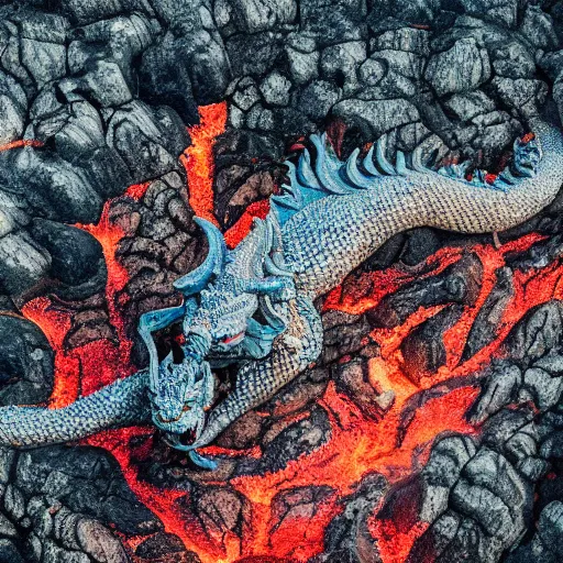 Image similar to candid photograph of a mythological dragon!!! bathing in lava, active volcano, cryptid, unexplained phenomena, drone photography, 8k