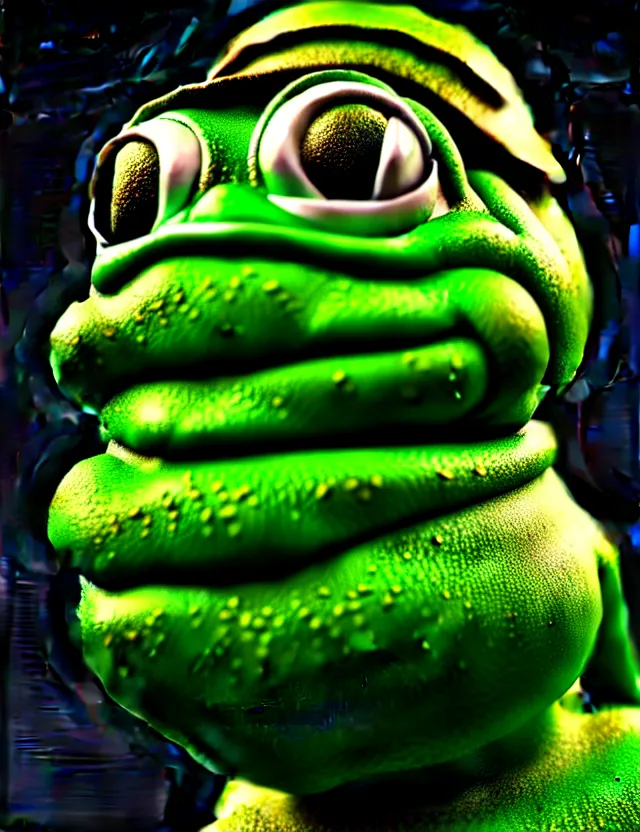 Prompt: complex 3 d render of a beautiful porcelain pepe the frog face, green and black, fractal veins. dragon cyborg, 1 5 0 mm, beautiful natural soft light, rim light, gold fractal details, fine lace, mandelbrot fractal, anatomical, glass, facial muscles, elegant, ultra detailed, metallic armor, octane render, depth of field