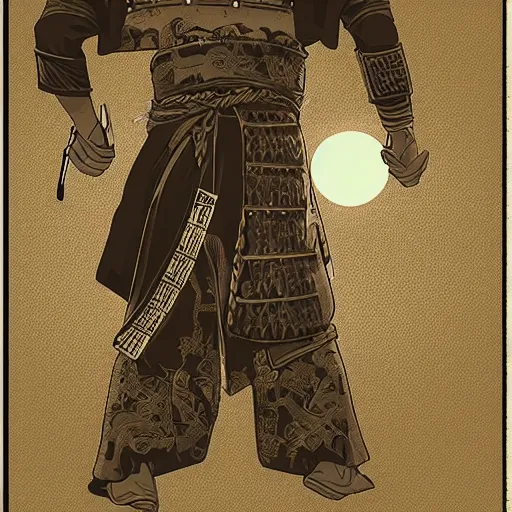 Image similar to A PORTRAIT FROM BEHIND OF A SAMURAI MAN VAGABOND WITH A MOON BEHIND HIM ,THE SAMURAI IS WRAPPED IN CHAINS ,detailed,editorial illustration, matte print, concept art, ink style , sketch , digital 2D