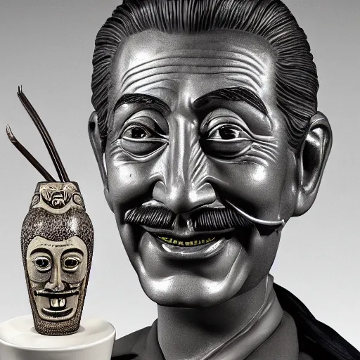 Image similar to a closeup photorealistic photograph of smiling salvador dali at trader vic's bar sitting next to a trader vic's style tiki mug featuring the face of salvador dali. tiki culture. bright scene. 4 k hd image that's trending on artstation, featured on behance, well rendered, extra crisp, features epic composition and the style of unreal engine.