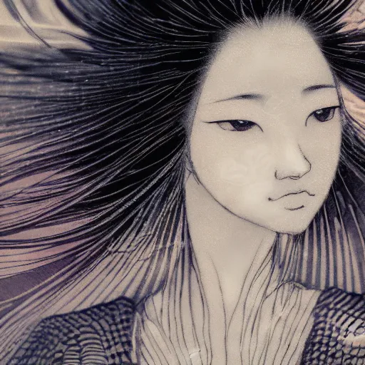 Prompt: yoshitaka amano blurred and dreamy realistic illustration of a japanese young woman with black eyes, wavy white hair fluttering in the wind wearing elden ring armor with engraving, abstract patterns in the background, satoshi kon anime, noisy film grain effect, highly detailed, renaissance oil painting, weird portrait angle, blurred lost edges, three quarter view