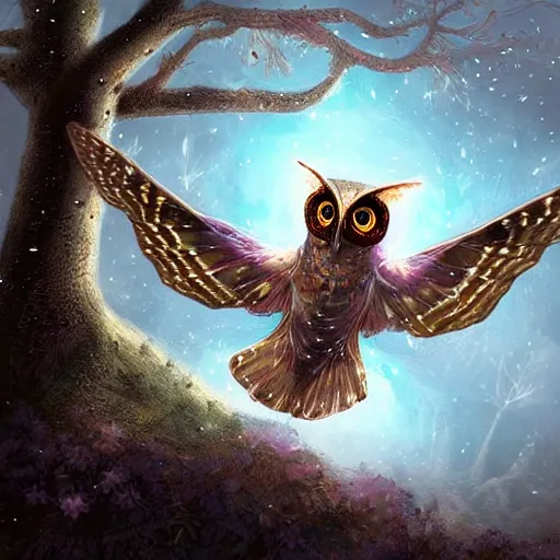 Image similar to moth owl hybrid chimera creature, flying between trees, high quality digital art, dreamy atmosphere, dramatic lighting