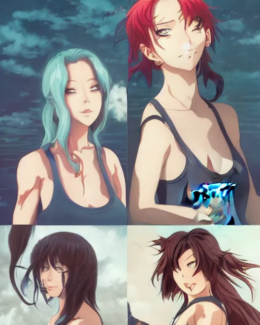 Prompt: style of madhouse studio anime, rei hiroe, loish, artgerm, joshua middleton, portrait of revy from black lagoon, symmetrical eyes and symmetrical face, jean shorts, white tank top, middle shot, action pose, on a boat, smirk on face, evening, natural lighting