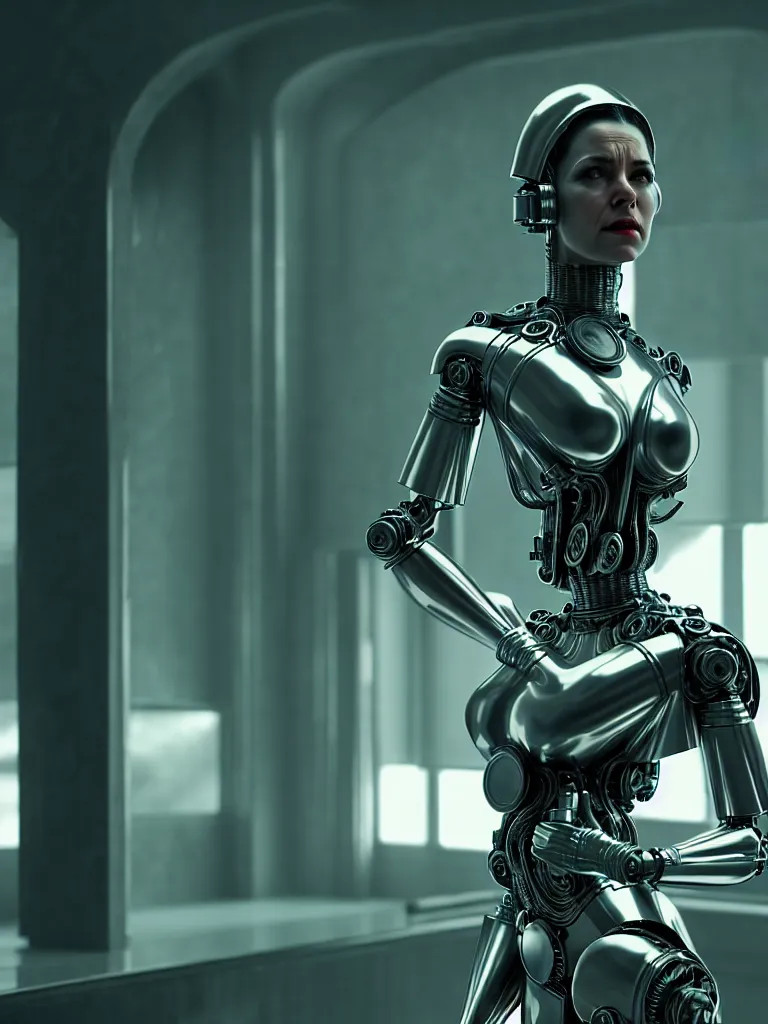 Image similar to film still of a mechanical woman in a marvel movie, science fiction industrial hard science concept art, 8K render octane high definition cgsociety, photorealistic, unreal engine 5