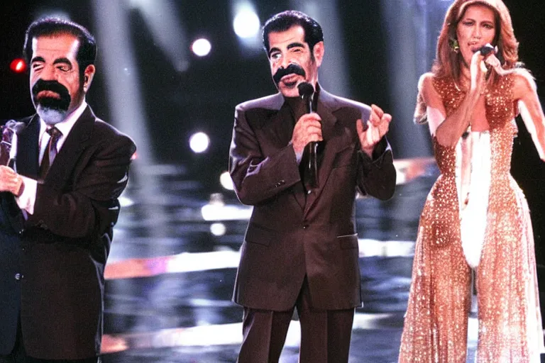 Image similar to saddam hussein singing a duet with celine dion on stage during a episode of the voice - g