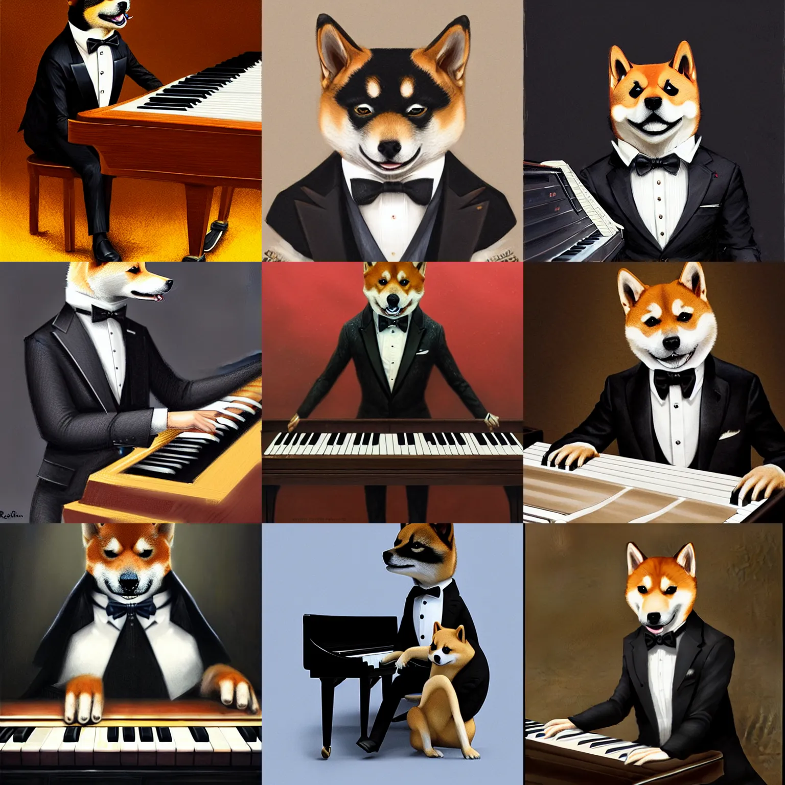 Prompt: a shiba inu man mutant playing a piano,wearing a tuxedo suit,digital art,ultra realistic,ultra detailed,art by greg rutkowski,hyperdetailed,detailed face,professional lighting,dramatic,3 point lighting