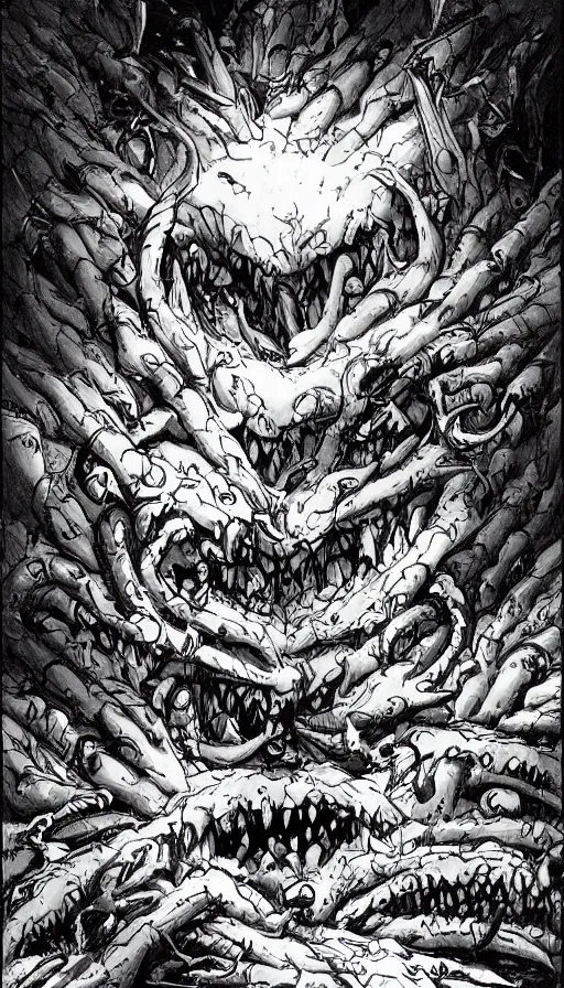 Image similar to a storm vortex made of many demonic eyes and teeth over a forest, by gainax co,