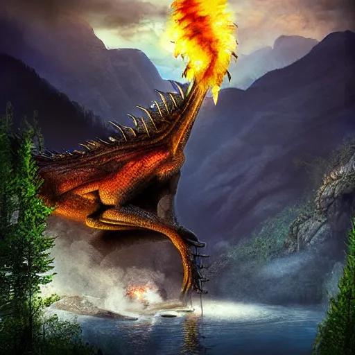 Prompt: realistic dragon breathing fire on a river below, photorealistic, photo, vivid, mountains, fog, digital art