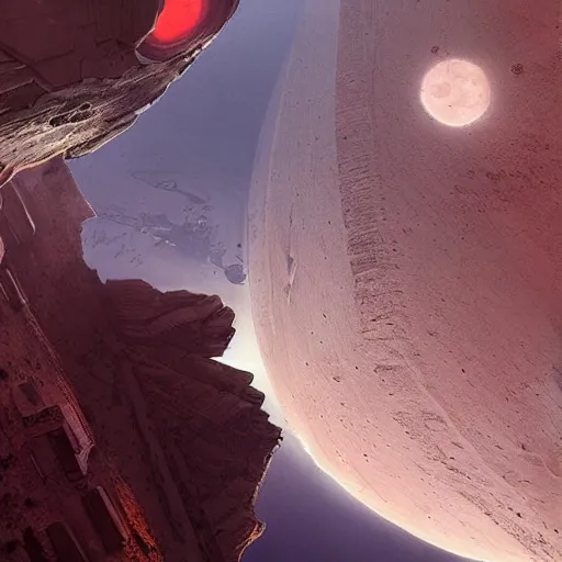 Image similar to a high angle on a wide, deep crack on a red moon with no atmosphere, industrial space colony hugging the cliffs on both sides of the crack, bridges crossing the gap, sci - fi art by greg rutkowski