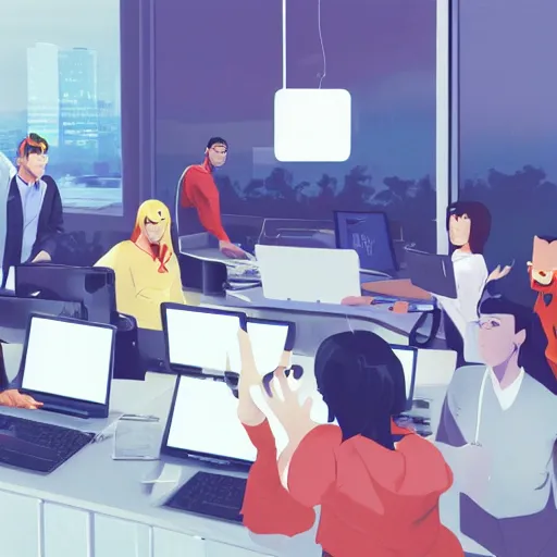 Image similar to team of sap employees in the office performing a due diligence to a startup based in italy. photoshop filter cutout vector behance hd by jesper ejsing, by rhads, makoto shinkai and lois van baarle, ilya kuvshinov, rossdraws, illustration, art by ilya kuvshinov