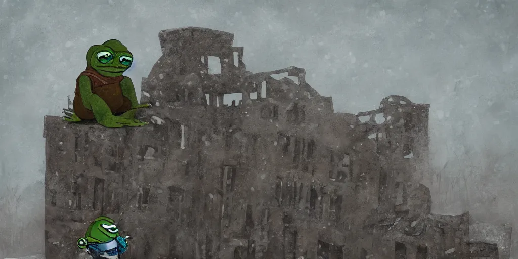 Prompt: pepe the frog snowboarding, gloomy landscape, ruins, painted by christopher radlund