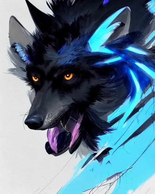 Image similar to concept art of a black wolf with blue neon wings, highly detailed painting by dustin nguyen, akihiko yoshida, greg tocchini, 4 k, trending on artstation, 8 k