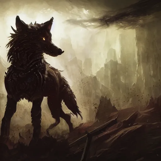 Image similar to Wolf, Anthropomorphized, as warlord general, magic the gathering artwork, D&D, fantasy, cinematic lighting, centered, symmetrical, highly detailed, digital painting, artstation, concept art, smooth, sharp focus, illustration, volumetric lighting, epic Composition, 8k, art by Akihiko Yoshida and Greg Rutkowski and Craig Mullins, heroic pose, oil painting, cgsociety, Battlefield background, explosions, arrows