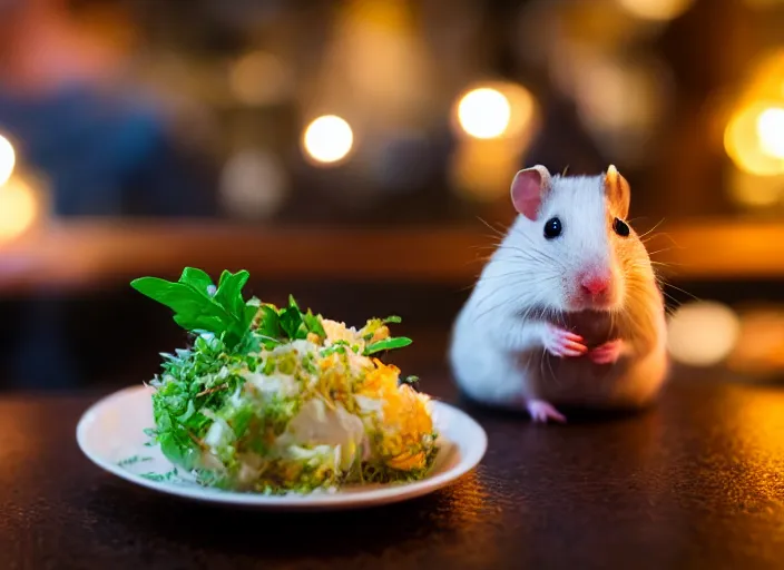 Image similar to photo of a hamster various michelin dishes, at night, candlelit restaurant table, various poses, unedited, soft light, centered, sharp focus, 8 k