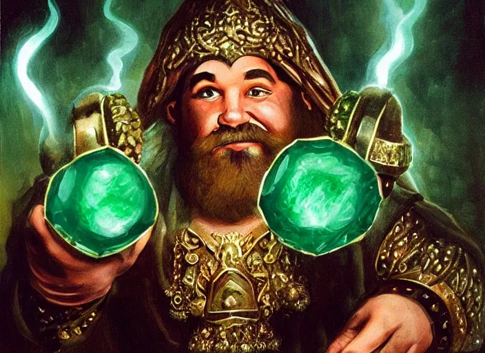 Image similar to a dwarven jeweler holding a gigantic glowing emerald. dramatic lighting. high fantasy art ( 1 9 8 7 )