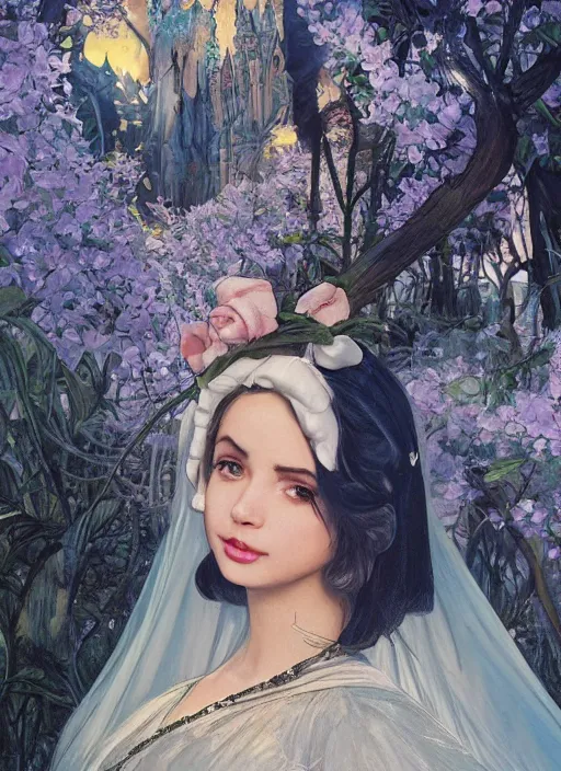 Image similar to disney snow white ( ( ana de armas ) ), dreamscape, girl, masterpiece, intricate, elegant, highly detailed, my rendition, digital painting, artstation, concept art, smooth, sharp focus, illustration, art by artgerm and greg rutkowski and alphonse mucha and uang guangjian and gil elvgren and sachin teng, symmetry!!