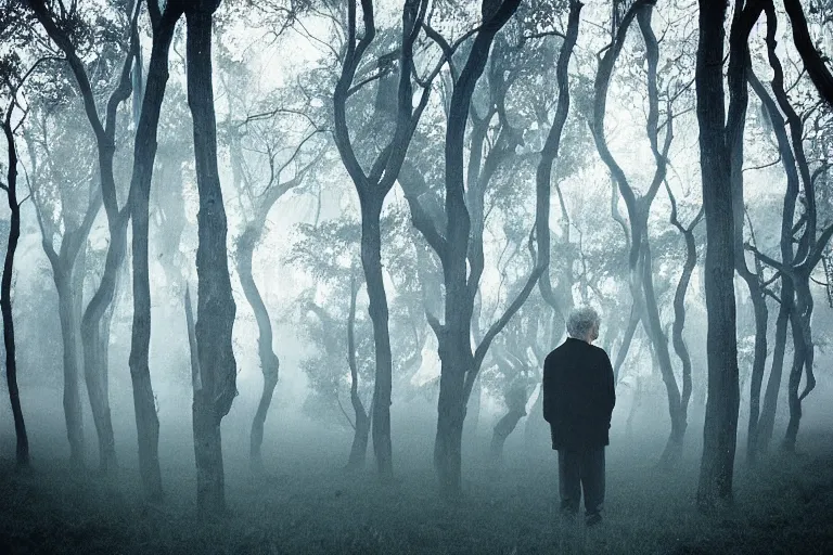 Image similar to “Photo by Robert ParkeHarrison. Old man in a surreal dying garden of flying trees. The sky is torn and light shines through it.”