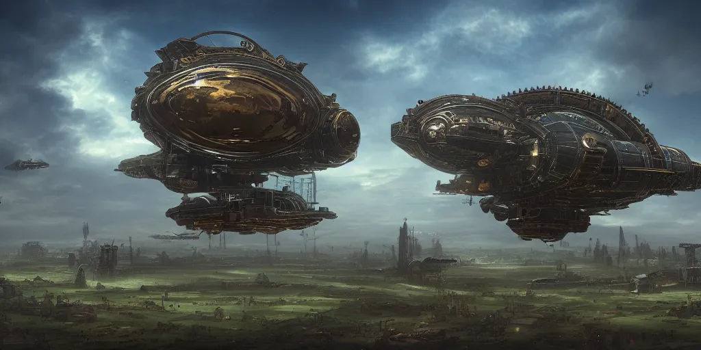 Image similar to steampunk spaceship hovering over fields and small houses, science fiction digital art, award winning, trending on artstation, digital art. highly detailed 8 k. intricate. lifelike.