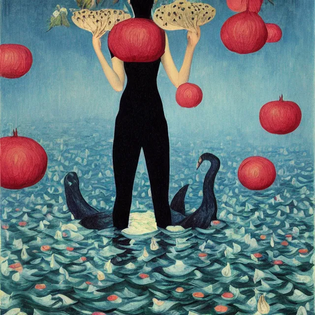 Image similar to tall female catgirl artist holding sheet music in her flooded apartment, pomegranates, octopus, water gushing from ceiling, painting of flood waters inside an artist's apartment, a river flooding indoors, mushrooms, ikebana, zen, rapids, waterfall, black swans, canoe, berries, acrylic on canvas, surrealist, by magritte and monet