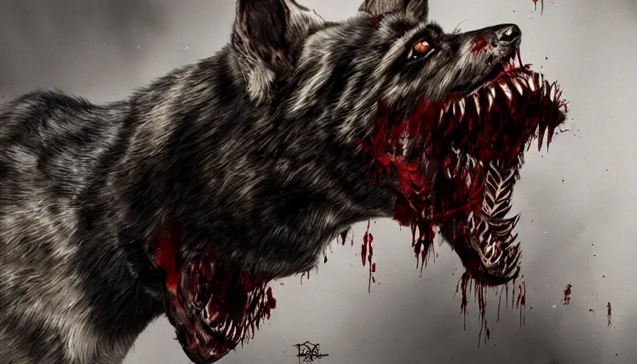 Image similar to zombie german shepherd with sharp teeth, bloody eyes, hyperdetailed, artstation, cgsociety, 8 k