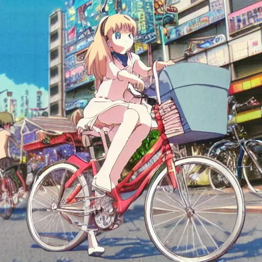 Image similar to anime girl riding bicycle in highly detailed akihabara, studio ghibli style, by hayao miyazaki, sharp focus, highly detailed, 4k