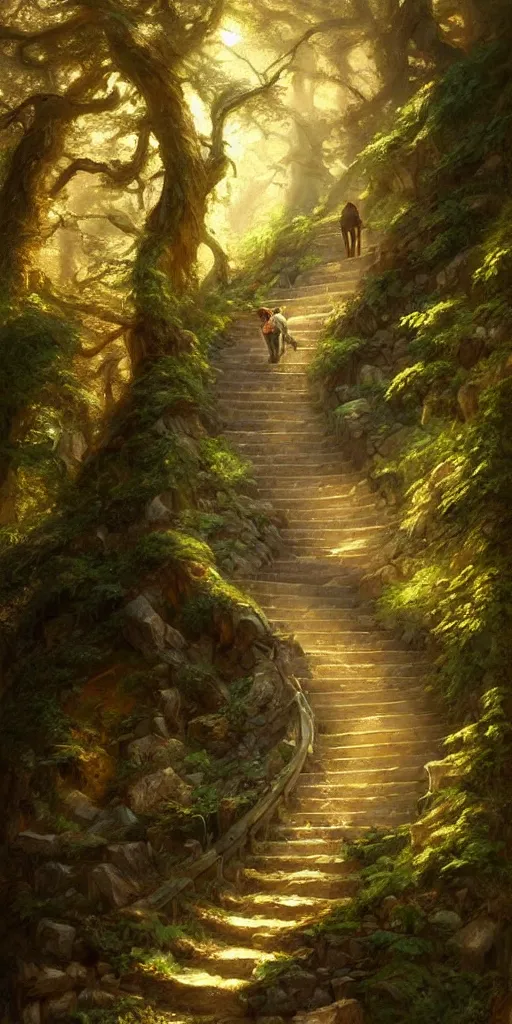 Image similar to a man walking up a steep and winding staircase, in beautiful woods, intricate, dappled lighting, elegant, highly detailed, oil painting, artstation, concept art, sharp focus, beautiful illustration, society, by justin gerard and artgerm, 4 k