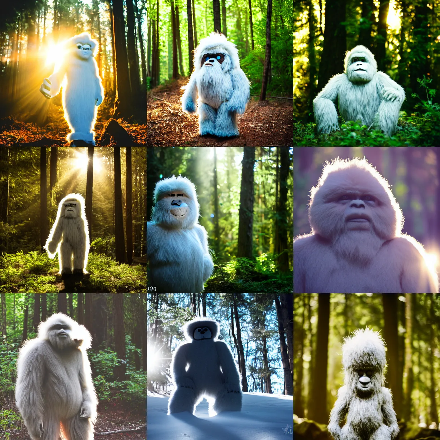 Prompt: Adorable life sized yeti standing at a distance in the forest. Backlit with rays of sunlight. 35mm.
