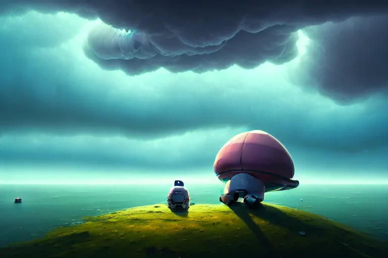 Image similar to Gediminas Pranckevicius an astronaut sitting on a giant whale watching eerie mammatus clouds on the sky, cinematic lighting, insanely detailed, intricate, artstation, cgsociety painted by Simon Stalenhag, concept art, illustration, sharp focus,