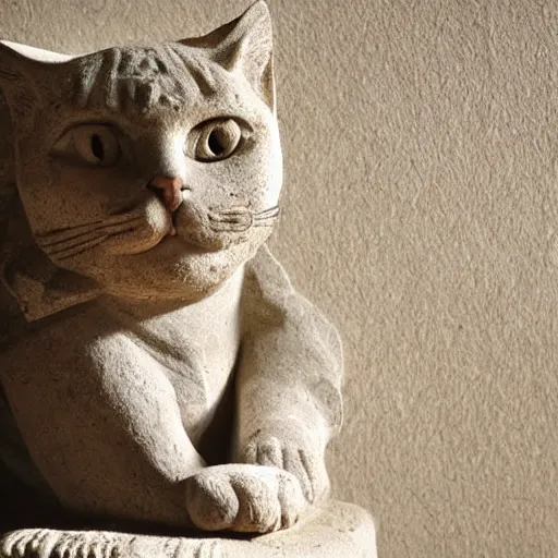 Image similar to close - up museum photo of an ancient limestone clay statue of a cute cat, with letter ה!!! on its head, clay, hebrew, israel, studio lighting, professional, promo,