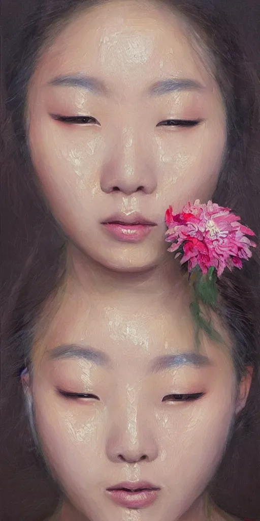 Image similar to beautiful highly detailed and expressive oil painting of a korean woman's face dissolving into petals, masterpiece, dynamic lighting,