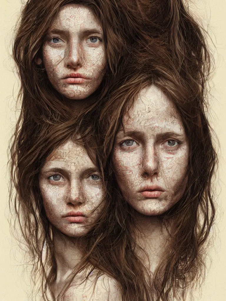 Prompt: Portrait photograph of young woman with dark brown hair, hyper-detailed face, hyperrealism, symmetrical face, natural colors, illustrated by Daniel Orive, Sam Spratt, Loish