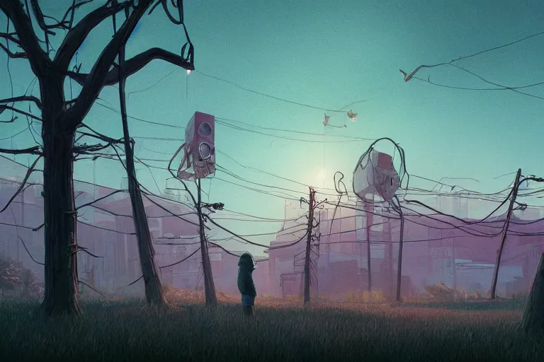 Image similar to drawings in the style of Simon Stalenhag , photographed by Canon EOS, cinematic lighting, natural complexion, extremely high definition shot, aesthetic canon of proportions