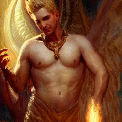 Image similar to attractive male deity casts light spell, summons attractive male lucifer morningstar. highly detailed painting by gaston bussiere, craig mullins, j. c. leyendecker 8 k