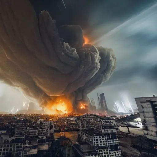 Prompt: a dramatic photo of a city under attack by aliens. building are exploding and people are running