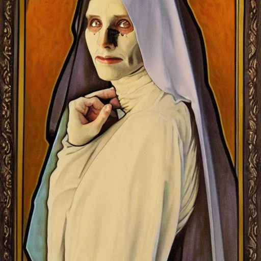 Image similar to a portrait of a skeleton nun in the style of Alphonse Mucha,Realistic style,oil on canvas