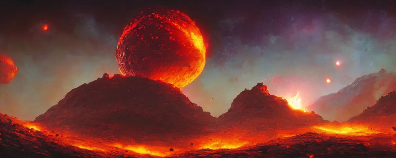 Prompt: ” outer planet with erupting volcanoes, [ art by paul lehr, cinematic, detailed, epic, widescreen, opening, establishing, mattepainting, photorealistic, realistic textures, octane render ] ”