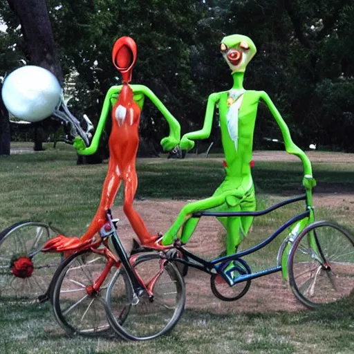 Prompt: The Mars Attacks aliens have a grand old time riding a tandem bicycle through the park.