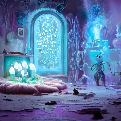 Prompt: ghost mansion, expressive eyes, floating, rbc, bunny, radiolaria, protophyta, micro - organisms, center frame, symmetric, rim light, marine microbiology, bioluminescence, electric, fur, soft, concept art, intricate details, highly detailed, colorful, photorealistic, disney pixar, octane render, iridescent, anime