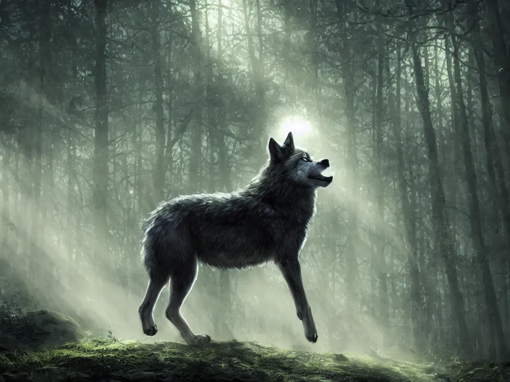 Image similar to a wolf with a space lantern on its mouth travelling through a dark, gloomy forest, zaba style, cinematic, sunbeams, detailed, hq, trending on artstation, wide shot, dramatic lighting
