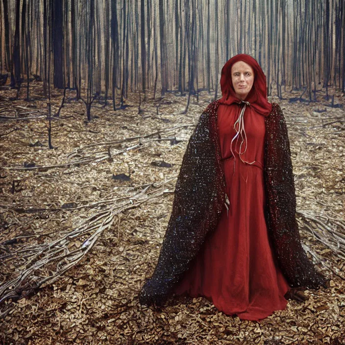 Image similar to closeup portrait of a woman wearing a cloak made of colorful geode crystals and wire, standing in a burnt forest, by Annie Leibovitz and Steve McCurry, natural light, detailed face, CANON Eos C300, ƒ1.8, 35mm, 8K, medium-format print