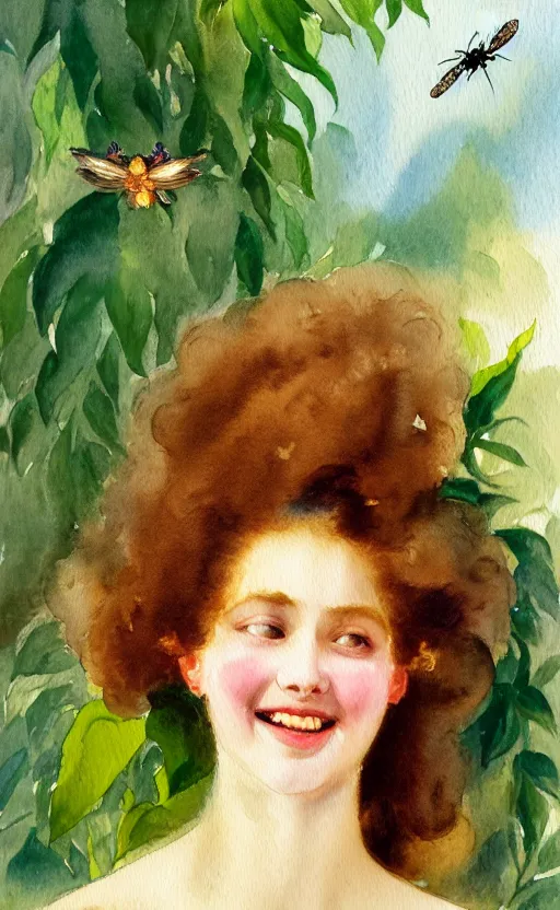 Image similar to the face of a young woman with marble complexion, angelic features, dancing curls around her face, her head raised in rapture, laughing, symmetrical eyes, watercolor by john singer sargent, background lush vegetation, insects and birds, 8 k uhd