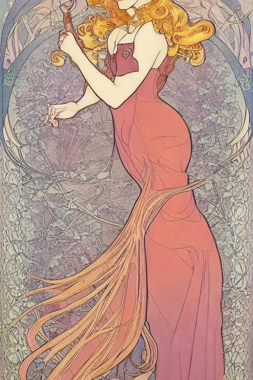 Image similar to full length art nouveau painting of princess - peach!!!!!!! by mucha, sharp edges, intricate line - work.