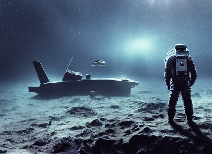 Image similar to astronaut holding a flag in an underwater desert. a submarine is visible in the distance. dark, concept art, cinematic, dramatic, atmospheric, 8 k, trending on artstation, blue, fish, low visibility, fog, ocean floor, christopher nolan, interstellar