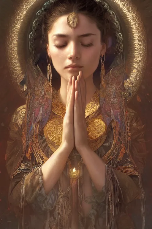 Prompt: ultra realistic illustration, a stunningly beautiful shaman girl praying, intricate, elegant, highly detailed, digital painting, artstation, concept art, smooth, sharp focus, illustration, art by artgerm and greg rutkowski and alphonse mucha