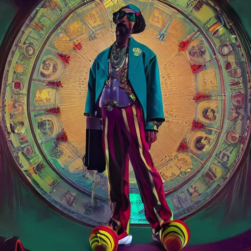 Image similar to snoop dogg as a circus clown juggling microphones, cinematic, volumetric lighting, f 8 aperture, cinematic eastman 5 3 8 4 film, photorealistic by greg rutkowski, by stanley artgerm, by alphonse mucha