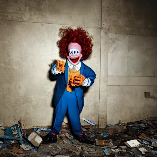 Image similar to UHD photo of Krusty The Clown in an abandoned building, by Annie leibowitz, photorealisitc ,detailed