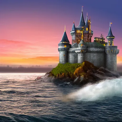 Image similar to Fantasy Castle on island surrounded by waves at sunset