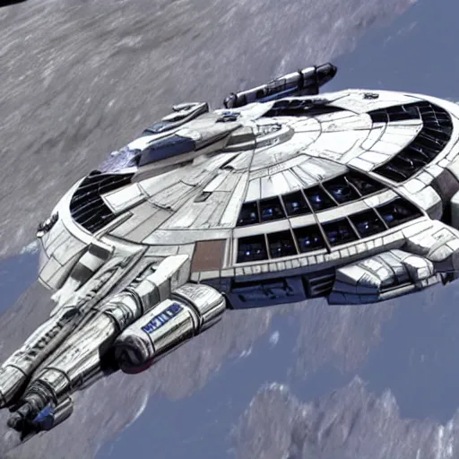 Image similar to the millennium falcon in the style of star fox 64 graphics